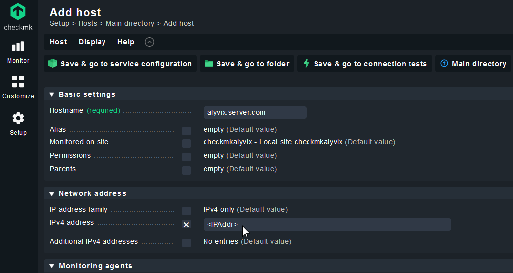 Screenshot of the form to add a host to Checkmk