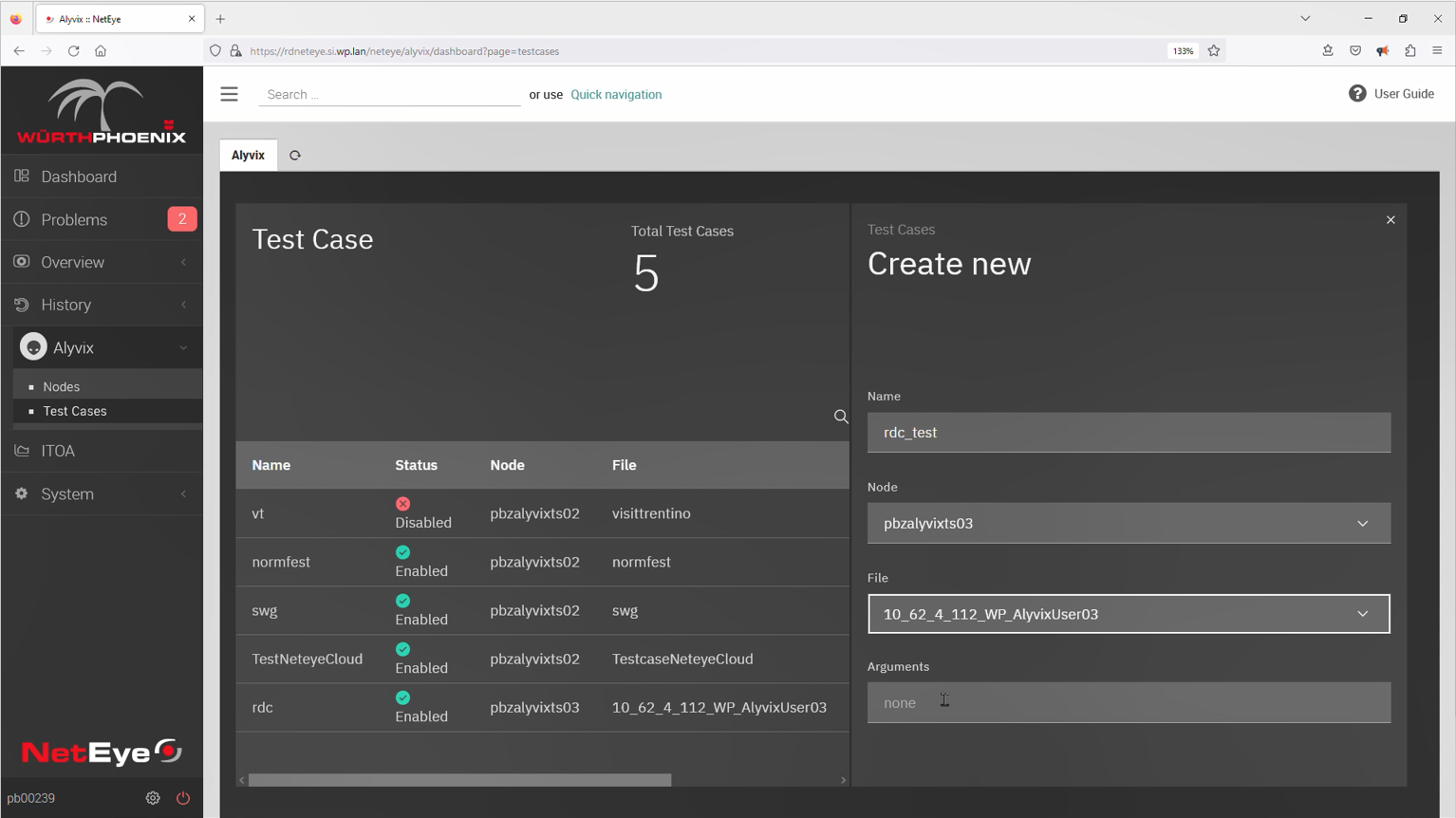 Test cases panel